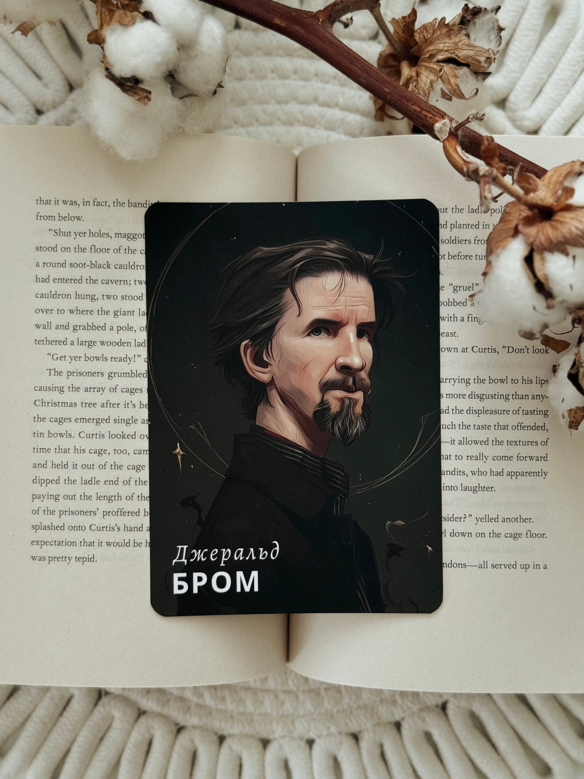 A rectangular printed card featuring a portrait of Daniel Craig as Jeremy Brock with the text 'Деникнев влетой' in white Cyrillic, placed on top of an open book with printed text, styled with a dried twig and cotton boll on a cream knit blanket.